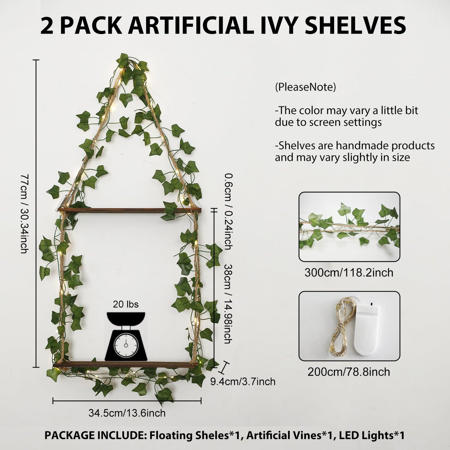 Artilady Artificial Ivy Macrame Hanging Shelves 3 Tier with Lights Boho Wall Decor, Rustic Wood Flaoting Shelf Plant Storage Rack for Bedroom Bathroom Living Room Nursery