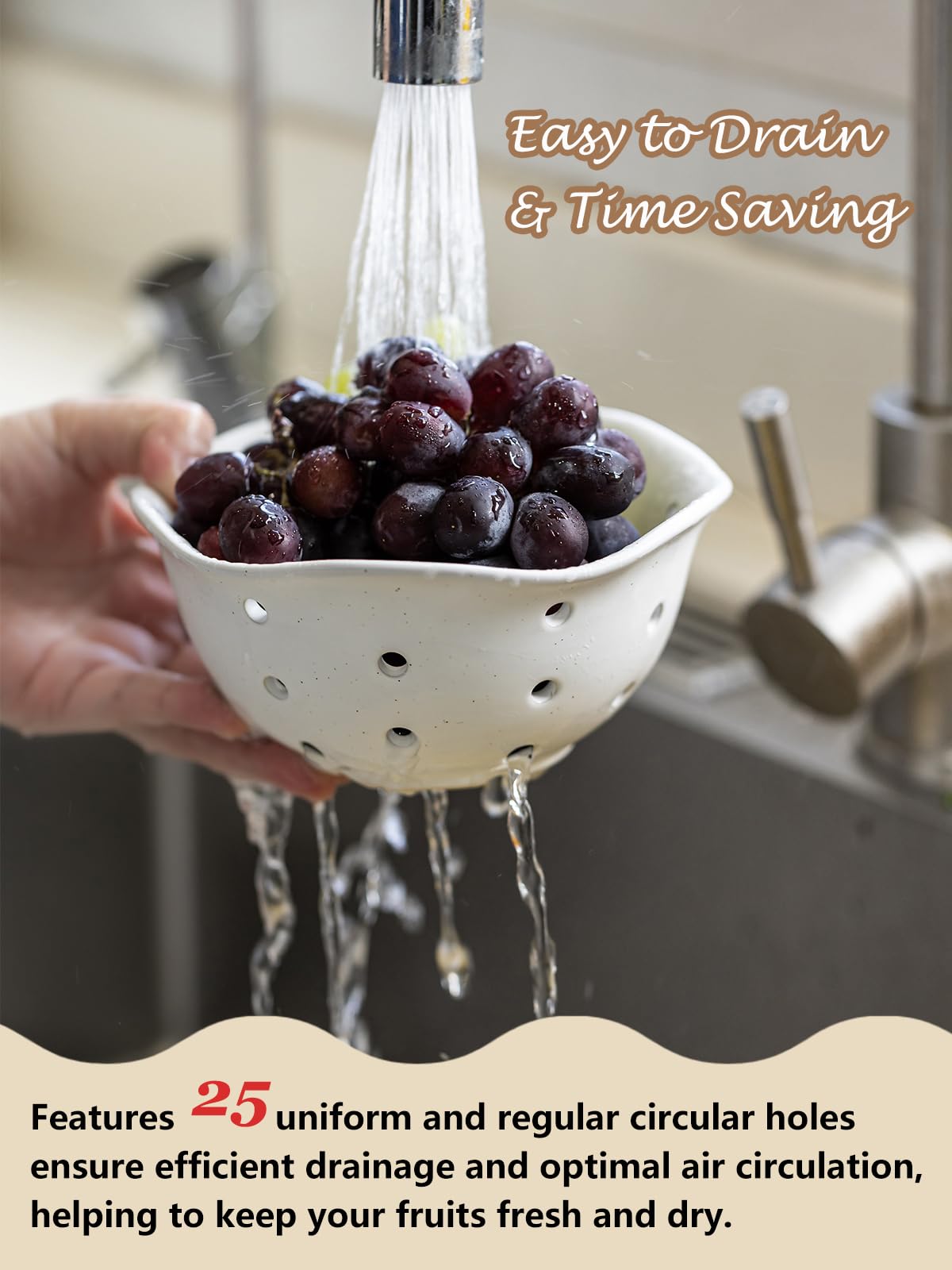 Gomakren Ceramic Berry Basket Set of 2, Rustic Fruit Basket Container 6 Inch, Fruit Bowl with Holes for Kitchen, Berries, Strawberry, Grape, Cherry, Mothers Day Gifts, Floral Shape - Cream White