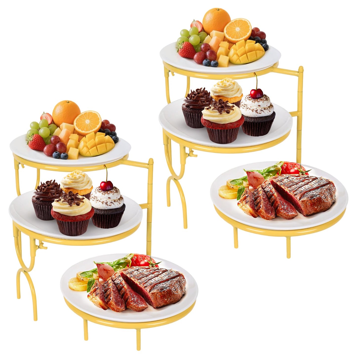 2 Set 3 Tiered Serving Stand with White Porcelain Plate Rotatable Dessert Table Display Set 10'' Round Tiered Serving Trays & Platters for Fruit Cake Cookie Dessert 2 Stand + 6 Plates