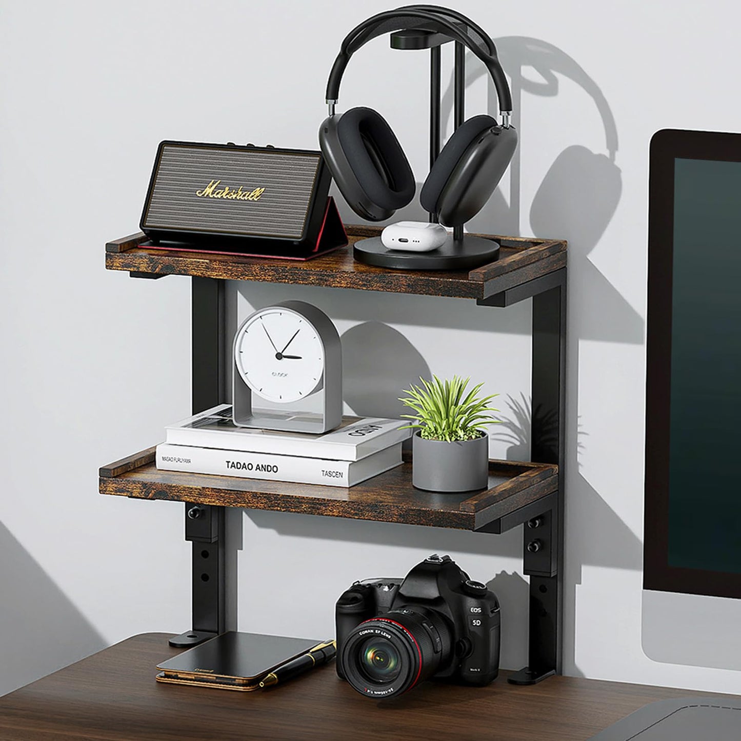 OUTIOE 2-Tier Desk Shelf, Expandable Under Desk Storage, Clamp on Desk Shelf, Desktop Accessories for Offices, Study Rooms, and Game Rooms (Wood)