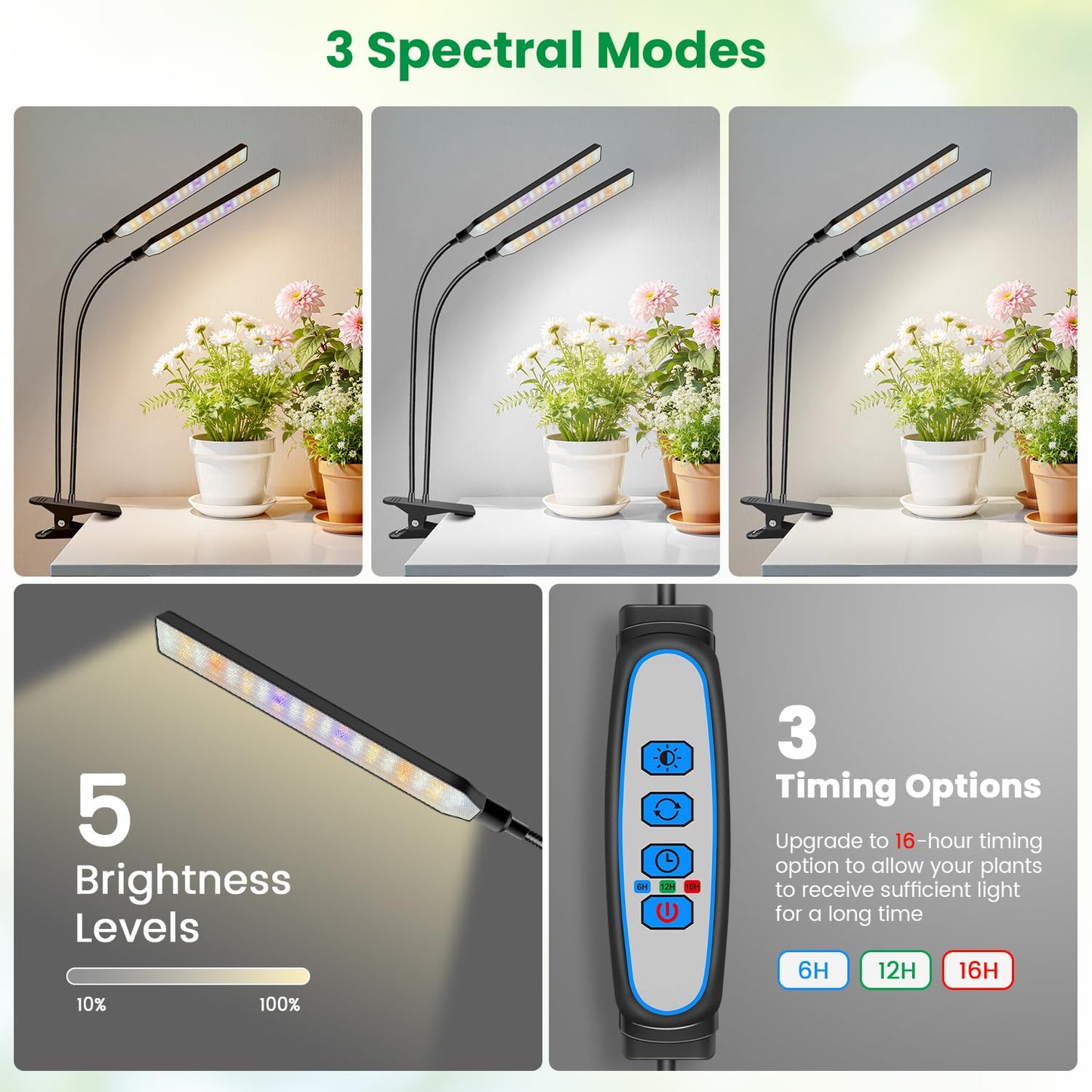Aumtrly Grow Lights for Indoor Plants, 2 Head 114 LED Full Spectrum Clip on Plant Lights for Indoor Growing with 6/12/16H Timer, 5 Dimming, 3 Light Mode, Black Gooseneck Grow Lamp