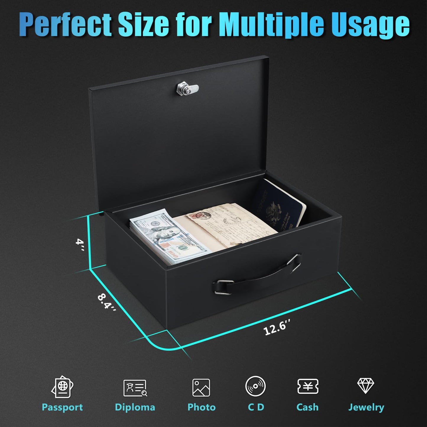 xydled Fire Resistant Safe Fire Safe Box with Key Lock for Home Office Security Storage for Valuables Documents,12.8 x 8.5 x 4.5 Inch,Black