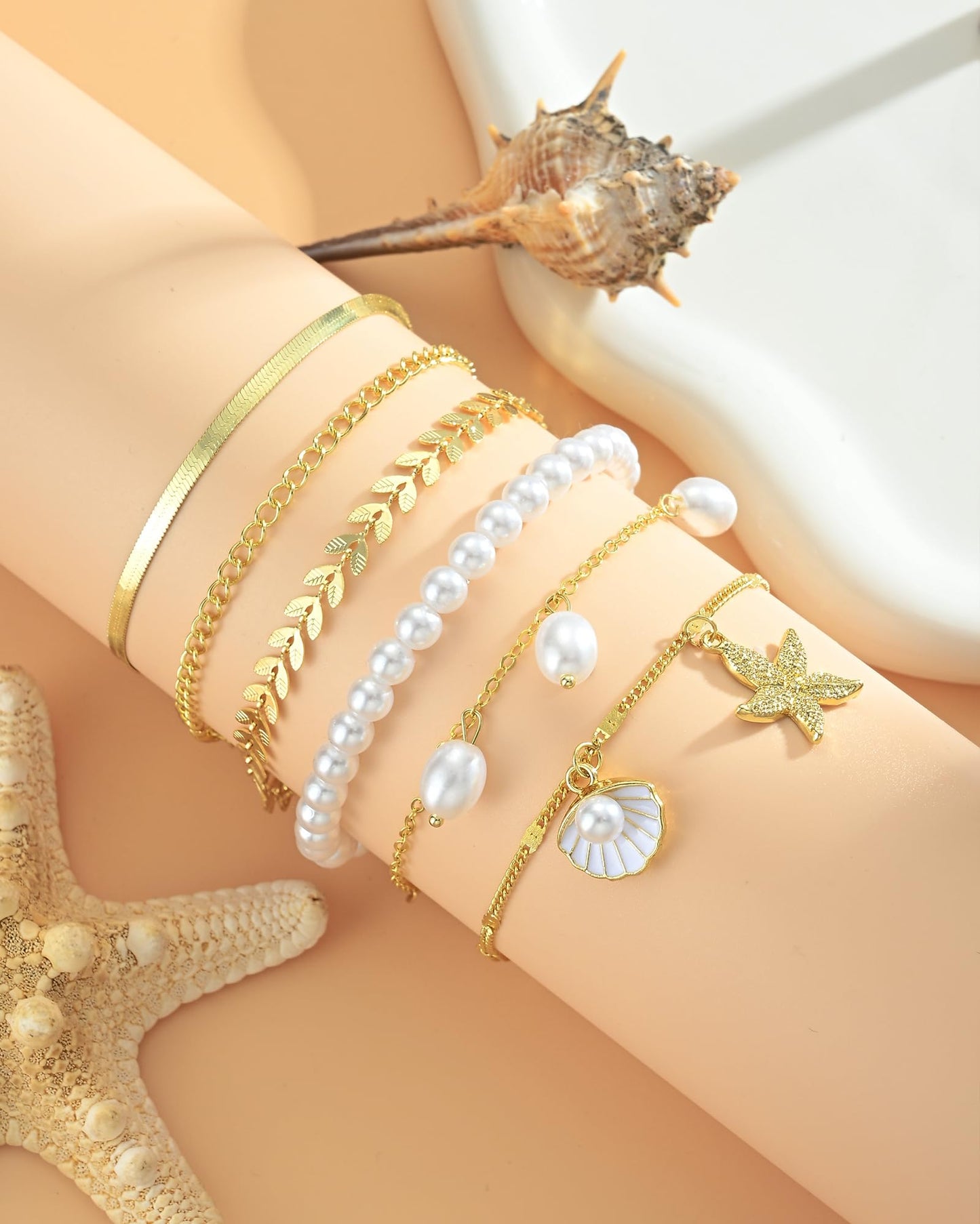 FAXHION Gold Ankle Bracelets for Women Waterproof, Shell Pearl Bead Cuban Link Chain Adjustable Anklets Set, Hawaiian Boho Anklet Beach Jewelry Gift for Women