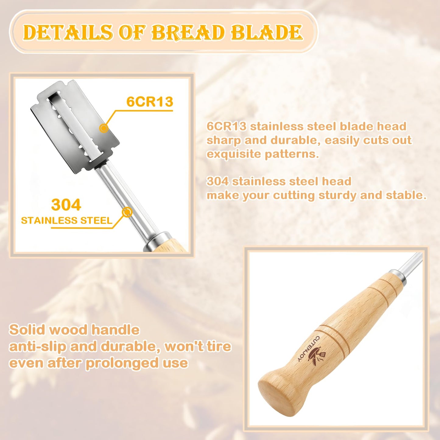 CUTENJOY Bread Lame and Flour Duster, 304 Stainless Steel Bread Baking Supplies with Razor Blades & Leather Cover, Professional Bread Scoring Knife, Flour Duster for Baking