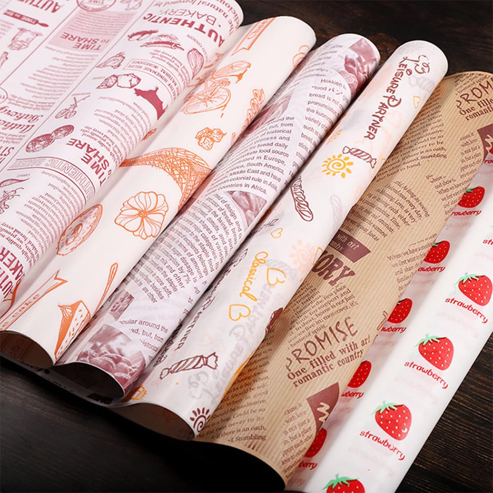 100Pcs Sandwich packaging paper bag Wax Paper Sheets for Food, Basket Liners Food Picnic Paper Sheets Greaseproof Deli Wrapping Sheets, 15 x 11 Inch (pattern)
