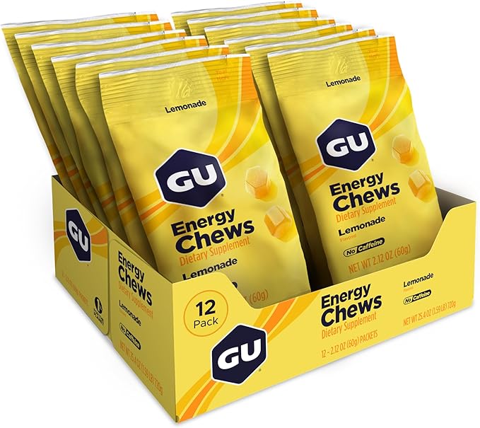 GU Energy Chews, Lemonade Energy Gummies with Electrolytes, Vegan, Gluten-Free, Kosher, and Dairy-Free On-The-Go Energy for Any Workout, 12 Bags (24 Servings Total)