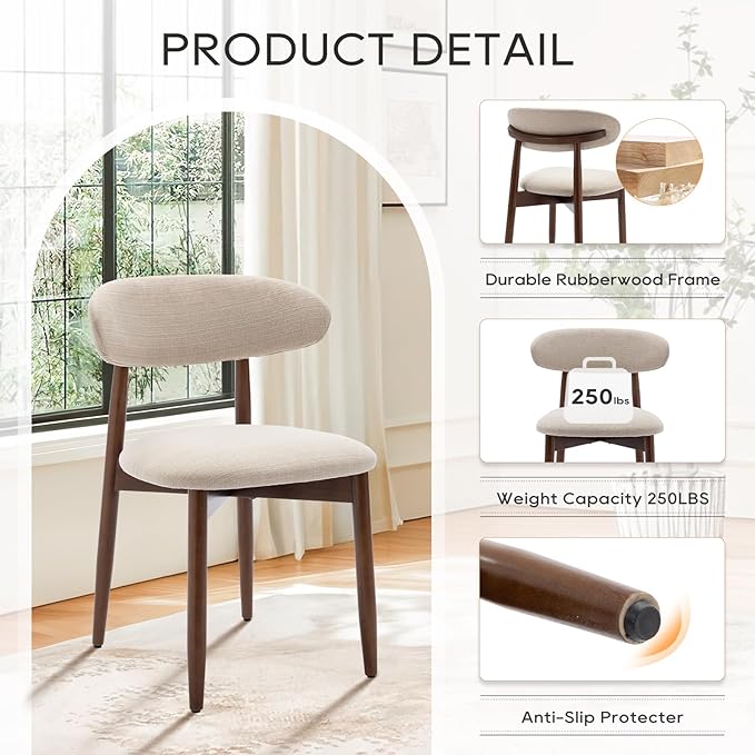 COLAMY Wooden Dining Chairs Set of 4, Modern Fabric Upholstered Kitchen Side Chairs, Farmhouse Dining Room Chair with Foot Pegs, Beige