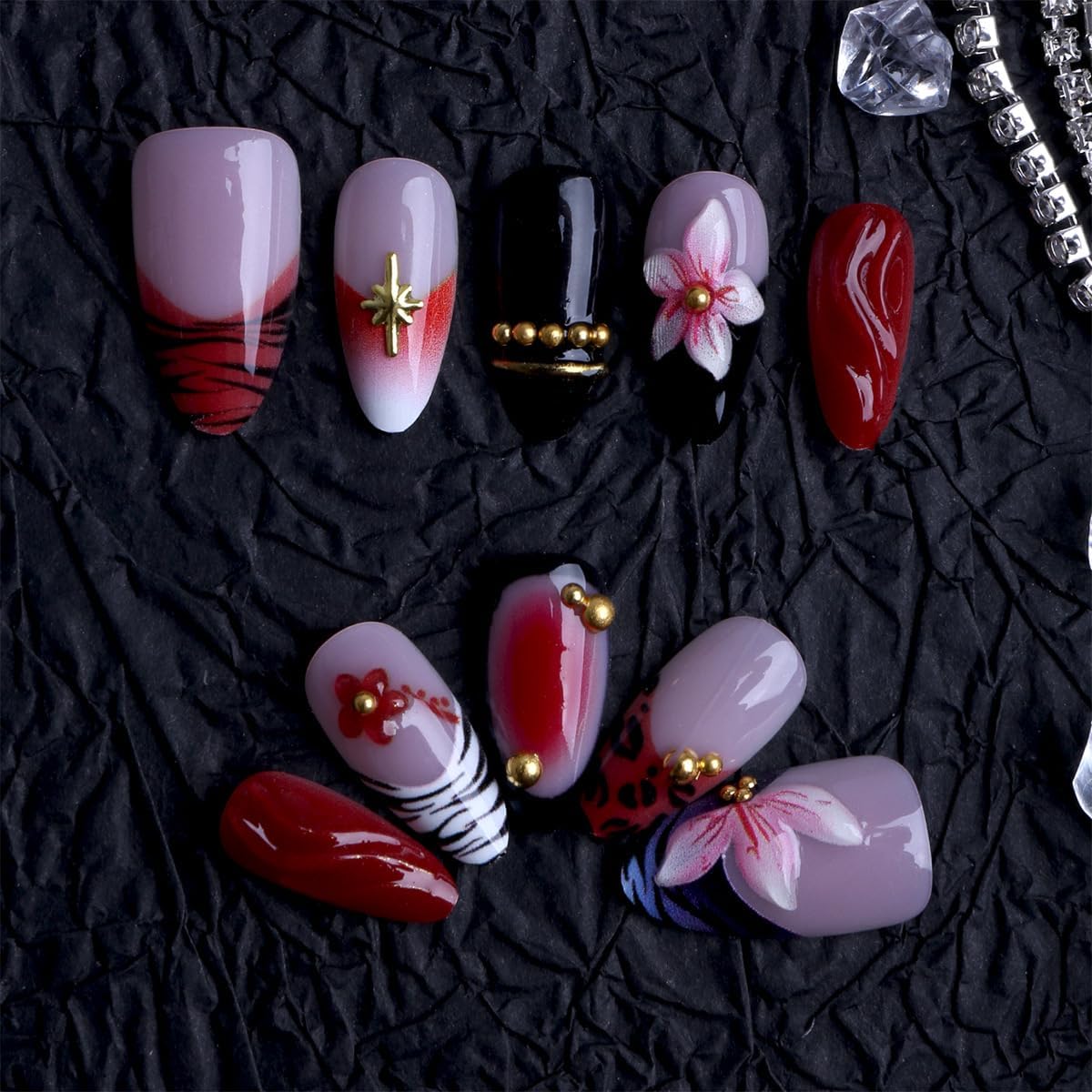 plalely Stiletto Press on Nails Long Red Fake Nail Zebra StripeAcrylic Nail Press ons with 3D Flower DesignStick on Nails for Women 24pcs