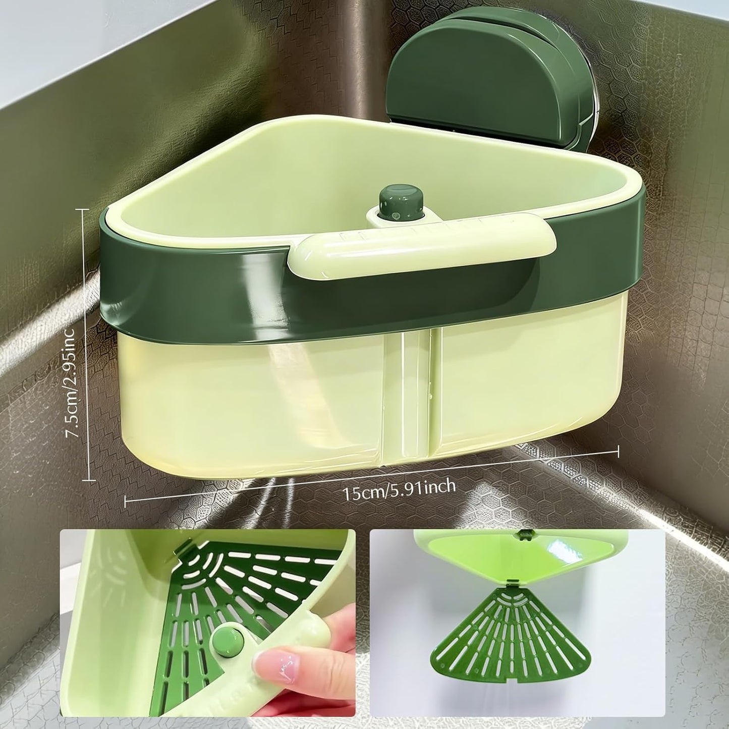Yeguwithu Suction Cup Corner Sink Strainer, Upgraded Press Sink Drainer Basket, Plastic Sponge Holder, Sink Strainer Basket, Corner Sink Trash Catcher for Kitchen Bathroom, Green