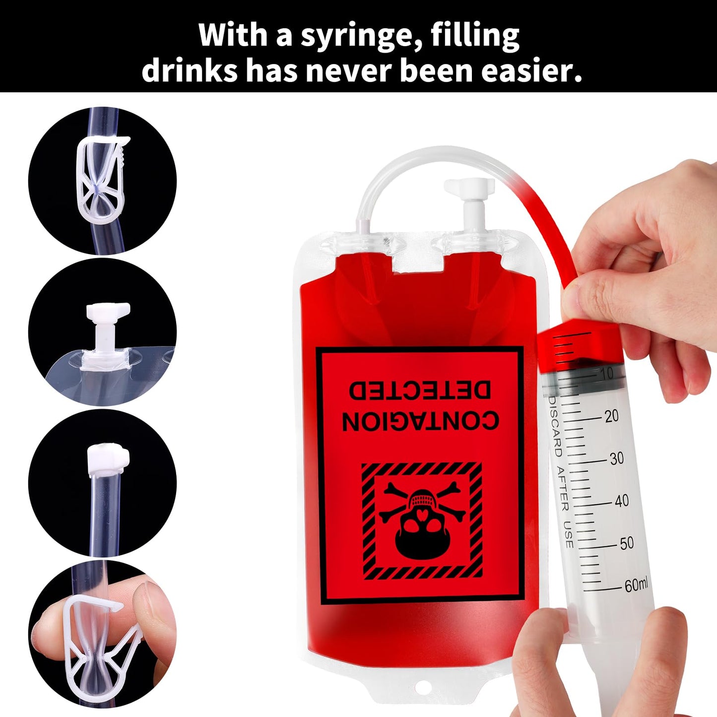 MGparty 80 Pack Halloween Blood Bag Props, Refillable Pouches with Straws and Filling Tools, Spooky Accessories for Zombie Vampire Theme Party Supplies
