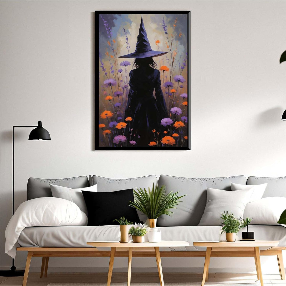 JFHCQJPK Country wildflower witch canvas print halloween mashup art witch purple decoration bohemian elegant art poster16x24in Metal blackFramed