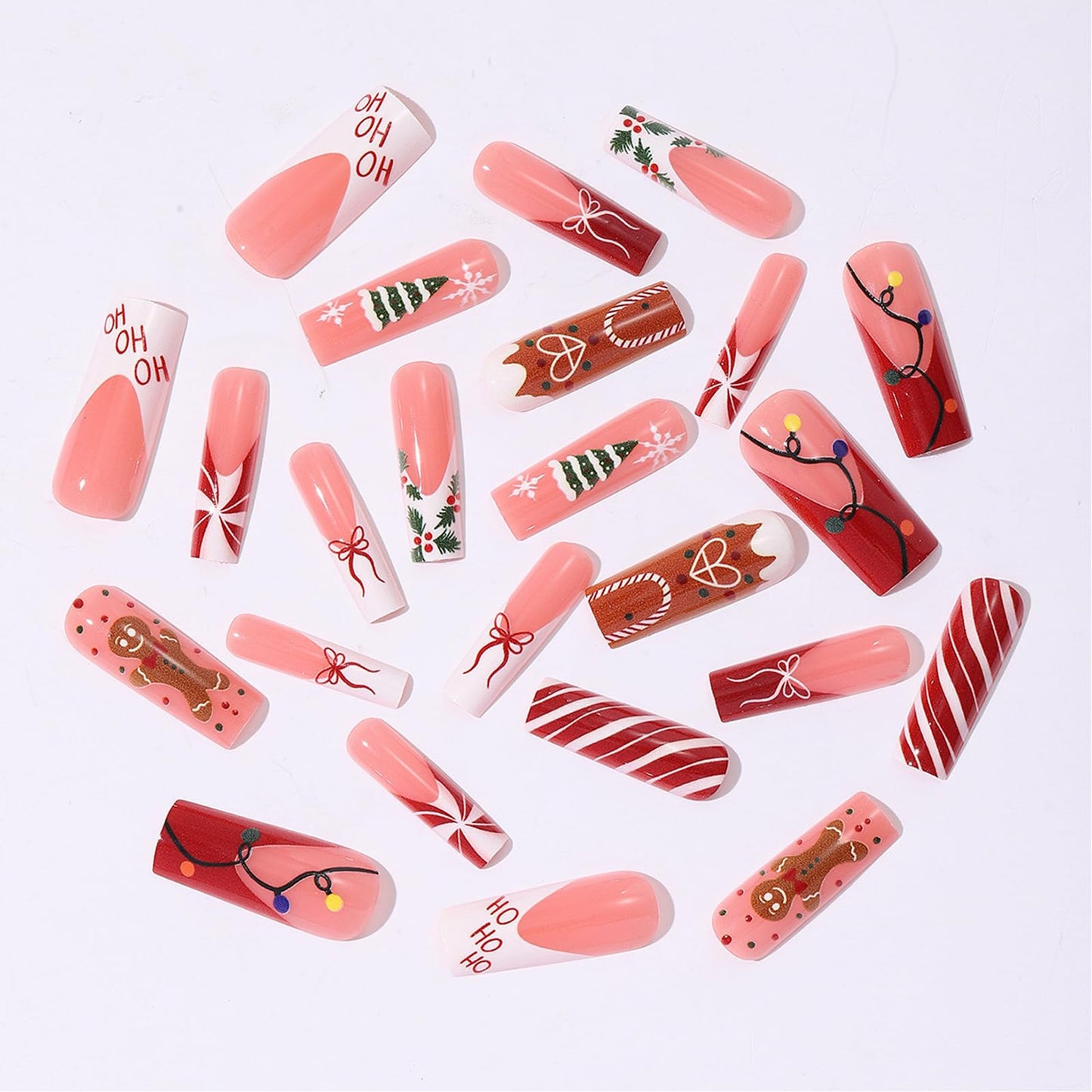IMSOHOT Christmas Press on Nails Long Square Fake Nails Xmas Red False Nails Full Cover Acrylic Winter Cute Stick on Nails for Women 24Pcs