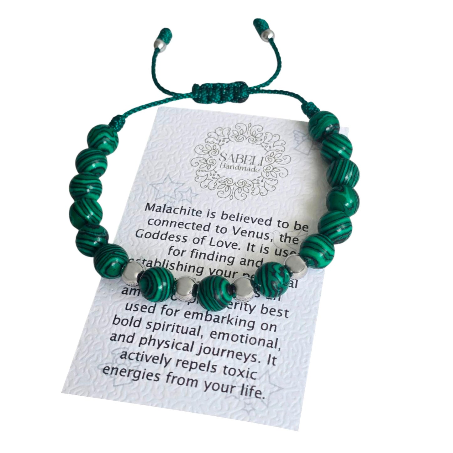Sabeli Handmade Bracelets Real Natural Stones Healing Protection Focus 8mm Bead Adjustable Macrame Women Men Gemstone Gift (Malachite)
