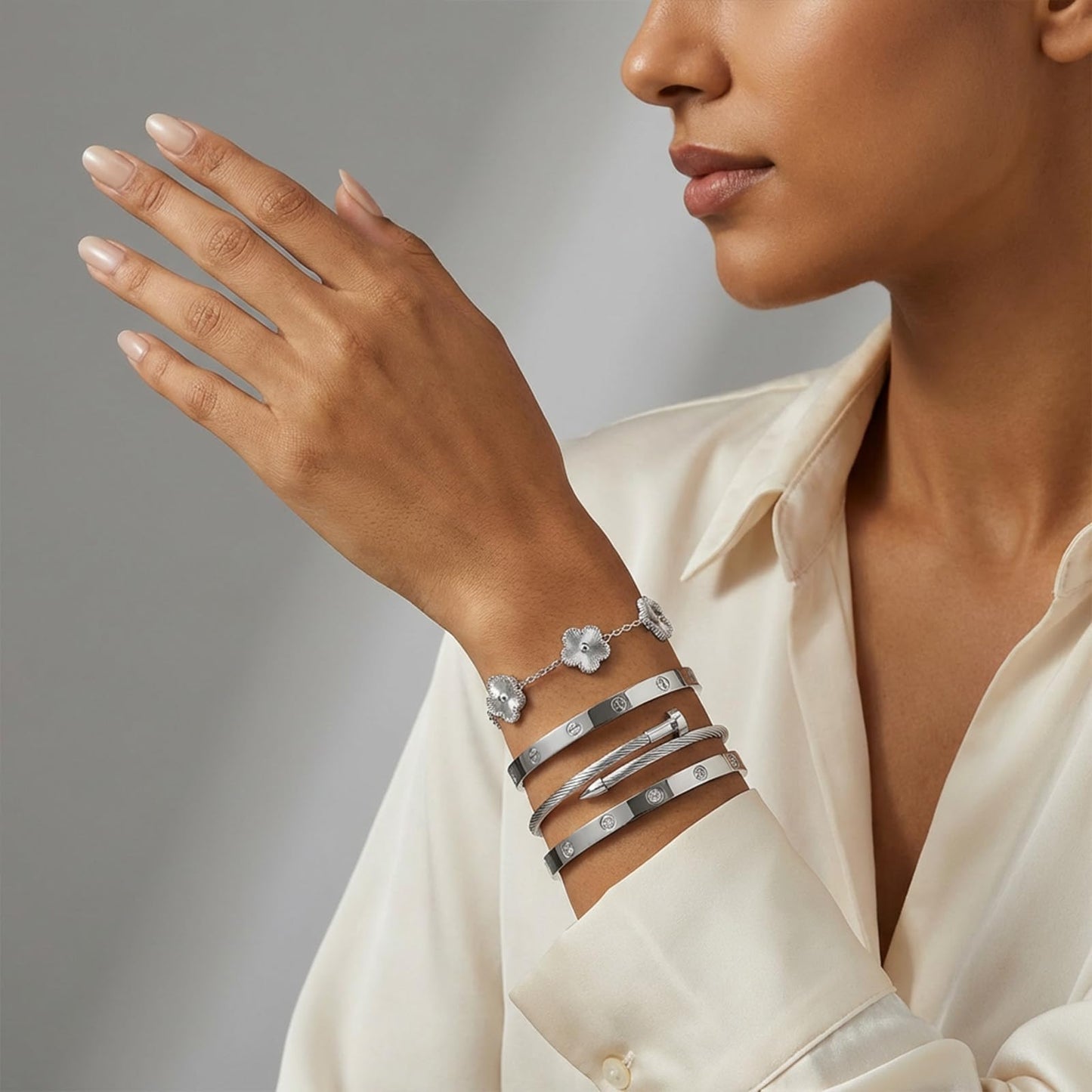 Camhanno Gold Bracelets for Women - Stackable Bangles with Love & Friendship Theme - Stainless Steel Jewelry Gift for Her (Bracelet Stack 4Sets (Floral Silver Bracelets,Bangle))