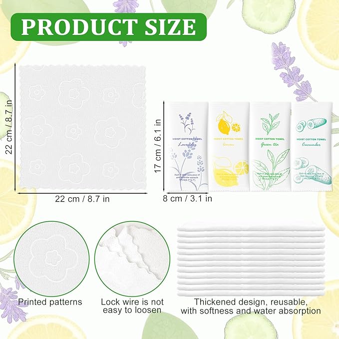 Moist Cotton Towel Bulk Moist Towelettes Individually Wrapped,White Towel Services,Refreshment Pre Moistened Towels for Dentist Travel Sport Party Hotel 100，Lavender,Green tea, Lemon and Cucumber