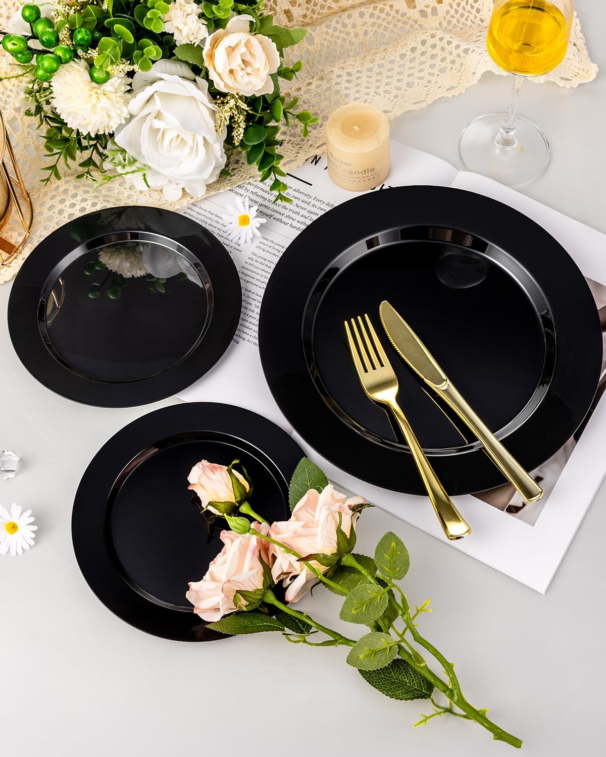 BESTVIP 100PCS Black Plastic Plates, Disposable Party Plates with 50 Dinner Plates and 50 Dessert Plates, Plastic Plates for Party, Wedding Birthday and Halloween (Black, 100PCS)