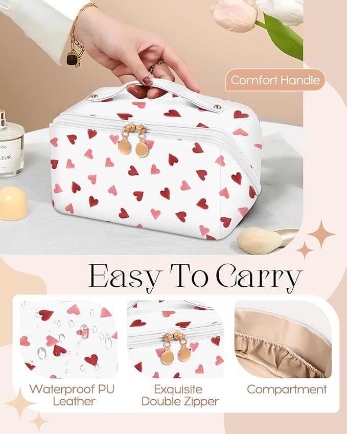 Bistup Makeup Bag Travel Cosmetic Bag Toiletry Make Up Bags Cute Women Large Capacity Big Medium Leather Teen Girls Teenage Kawaii Heart Foldable Expandable Open Flat Zip