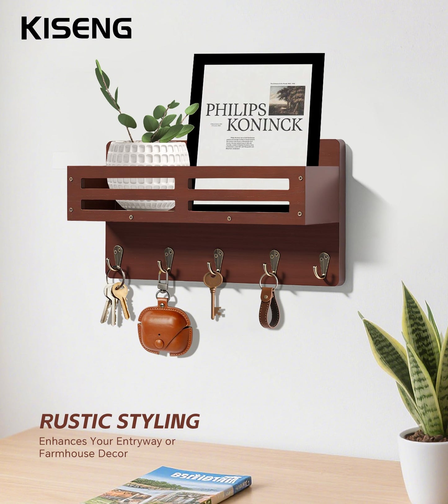 KISENG Key Holder Wall Mount Farmhouse Key Hooks for Wall with Mail Organizer Decorative Key Rack with 5 Sturdy Hooks for Dog Leash, Sunglasses, Rustic, Paulownia Key Hanger for Entryway