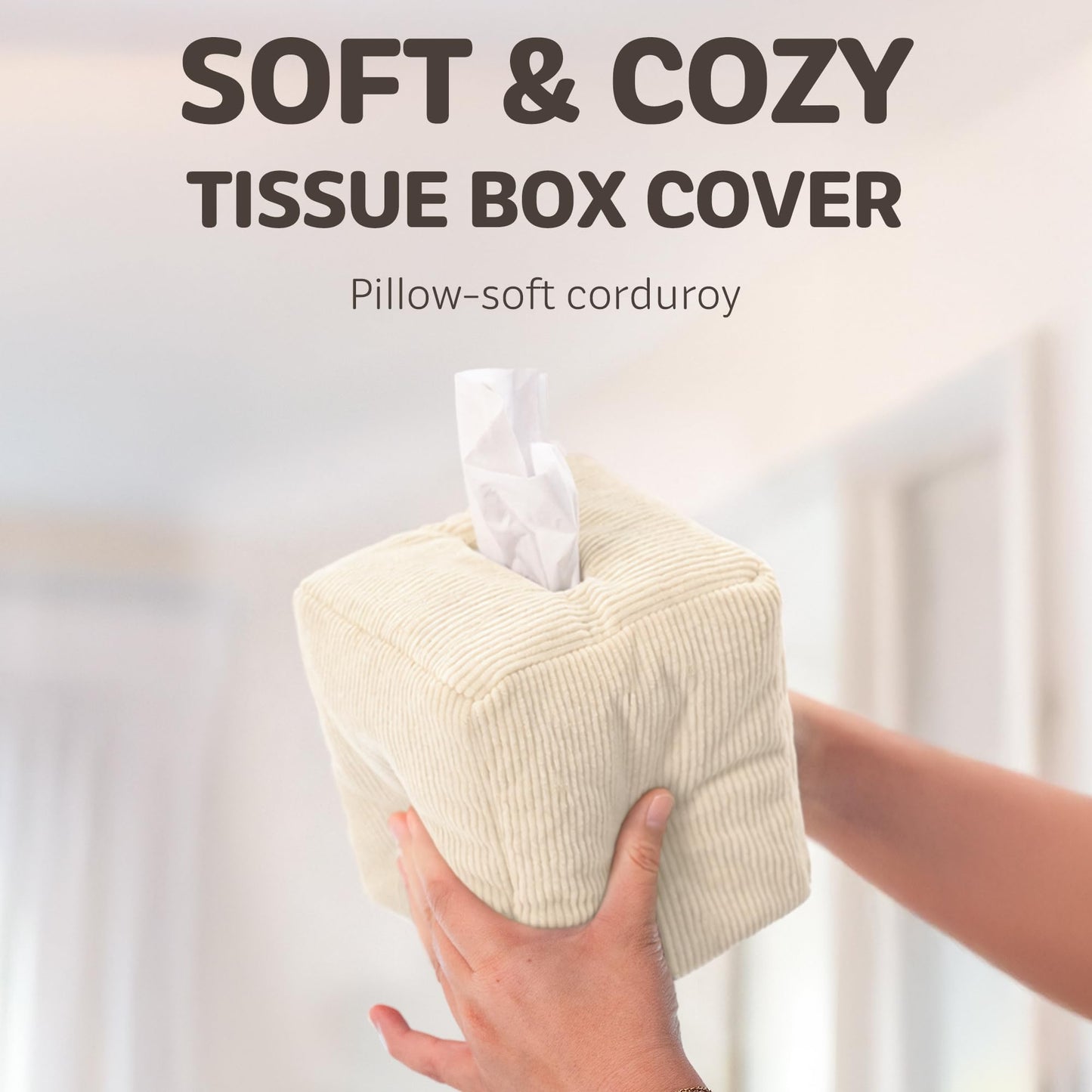 TOGI Corduroy Tissue Box Cover - Soft & Puffy Cube Design Adds a Warm, Cozy Touch - Soft Tissue Box Cover Square Fits Standard Square Boxes from Everyday Brands - Cozy Home & Office Decor (Cream)