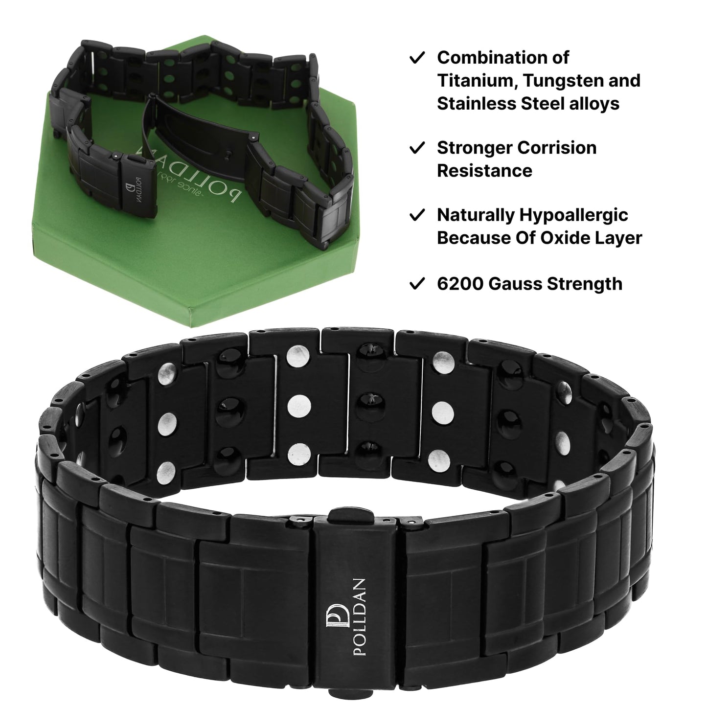 POLLDAN® Mens Magnetic Bracelet with 6200 Gauss Power | 3X Strength Mens Bracelet | Titanium Bracelets for Men with Fold-Over Clasp, Adjustable Length, Gift Box | Mens Wrist Jewelry (Black)