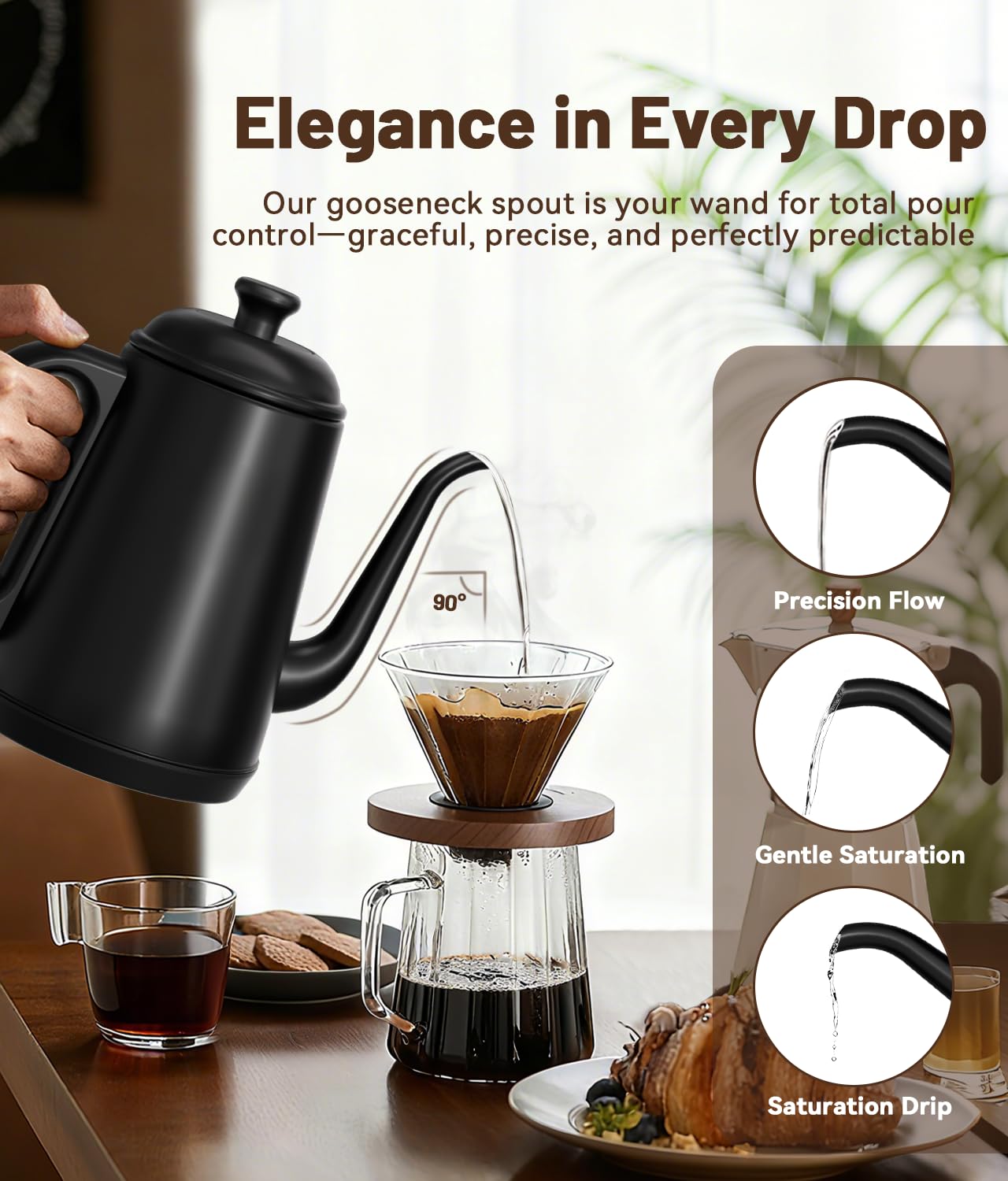 ELTRIKO Gooseneck Electric Kettle, 1L Water Boiler, Pour Over Coffee & Tea, 1000W Fast Heating, Stainless Steel, Auto Shut-Off & Boil-Dry Protection, BPA-Free (Black)