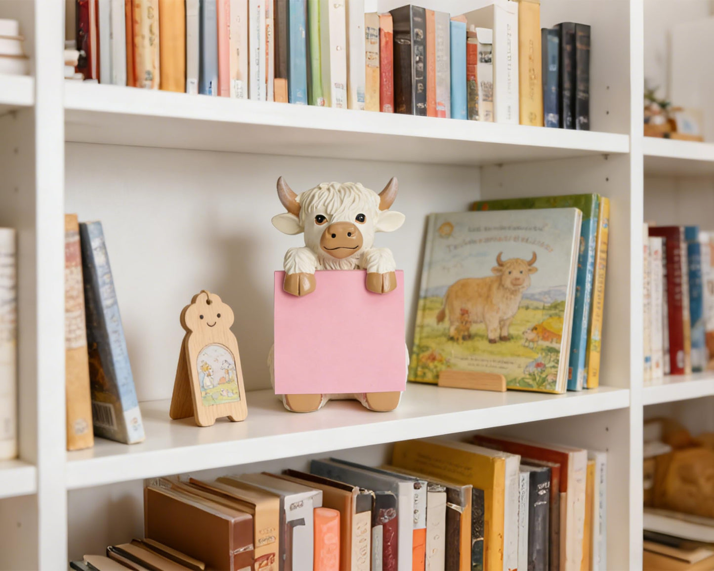 HORTIX Highland Cow Pop-up Sticky Note Dispenser, Includes 1 Pad of 3x3 in Super Sticky Notes, 100 Sheets, Resin Cute Handmade Desk Holder for Office & Home-Beige