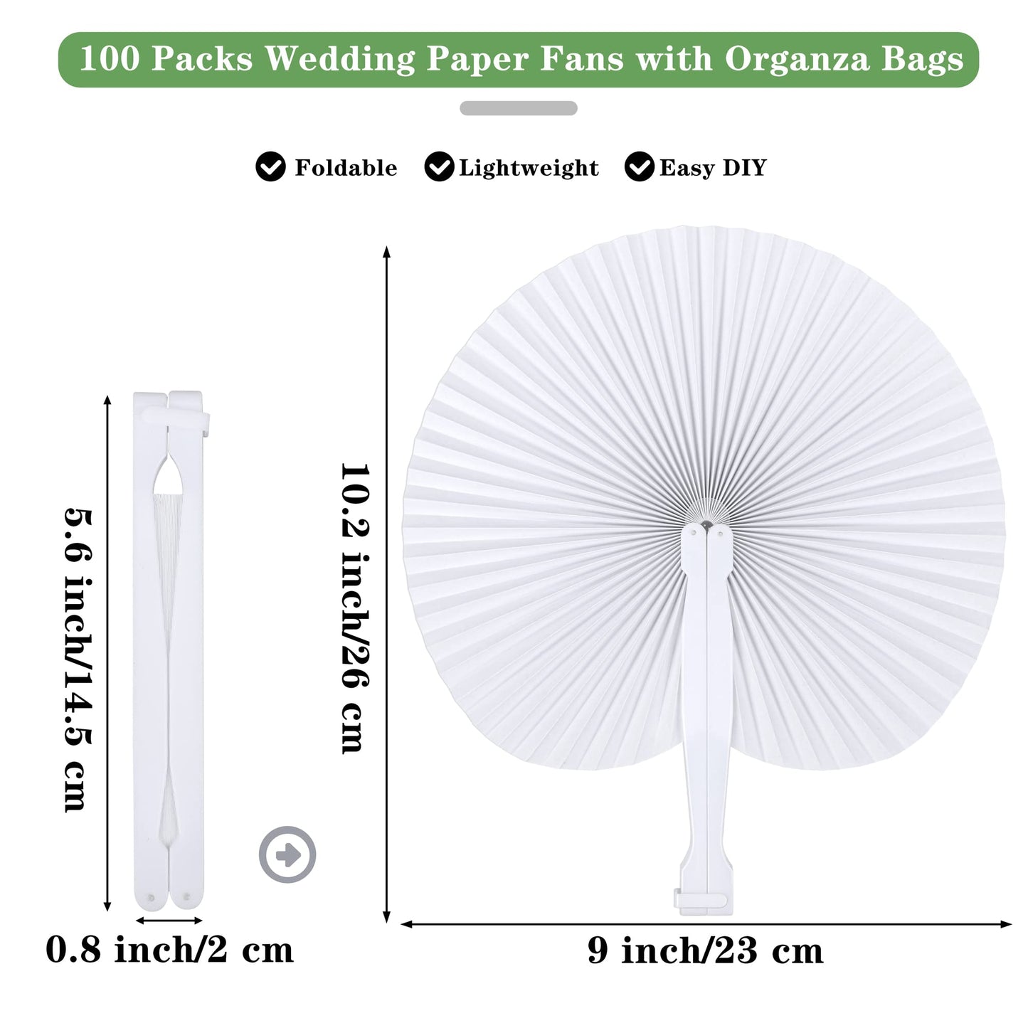 MCEAST 100 Pack Wedding Paper Fans Handheld Folding Fan White Round Shaped Folding Paper Fans Handheld Fan with Plastic Handle and Bags for Wedding Birthday Party Favors Supplies Home Decor