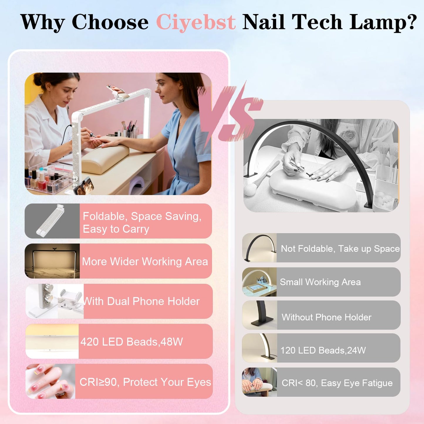 Ciyebst Nail Tech Lamp for Desk, 34 in Large Half Moon Light with Phone Holder, 48W Brightness Adjustable Lash ARC Light for Manicure, Tattoo, Spa, Salon, 3000K-6000K LED Manicure Lamp