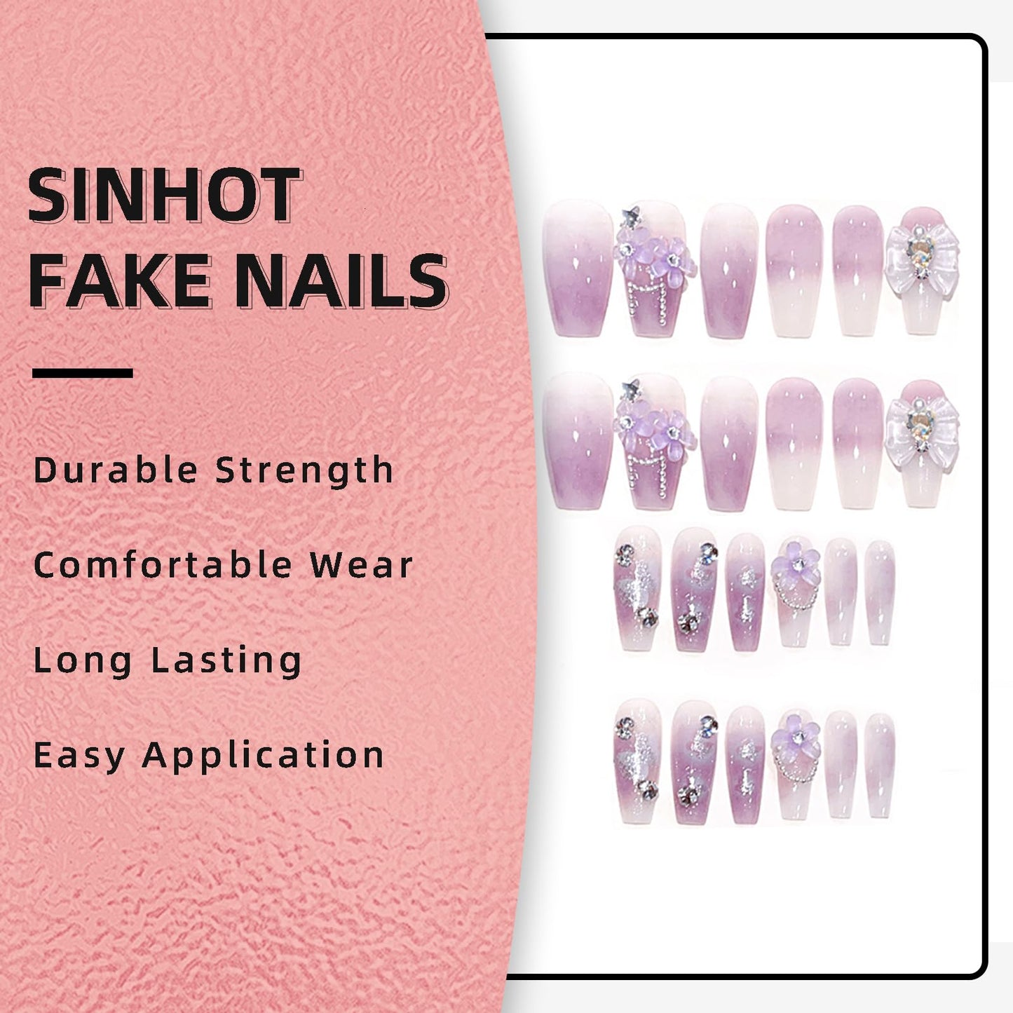 SINHOT Luxury Press on Nails - Long Coffin Fake Nails 3D Handmade Purple Flowers Reusable False Nails with Rhinestone Designs,DIY Artificial Nail Art, 24pcs
