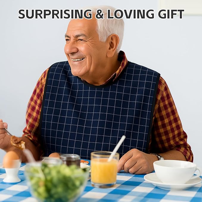 XKDOUS 2pcs Adult Bibs For Men Washable, Reusable Waterproof Large Bibs For Adult, Clothing Protector With Crumb Catcher, Blue & Black Bibs For Eating, Feeding Elderly Senior Citizens Gifts