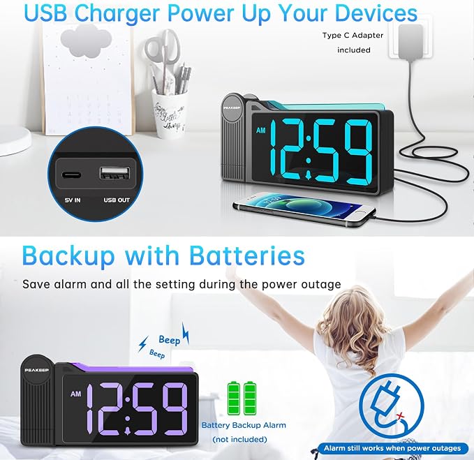Peakeep Projection Alarm Clock for Bedroom Ceiling with Colorful Nightlight