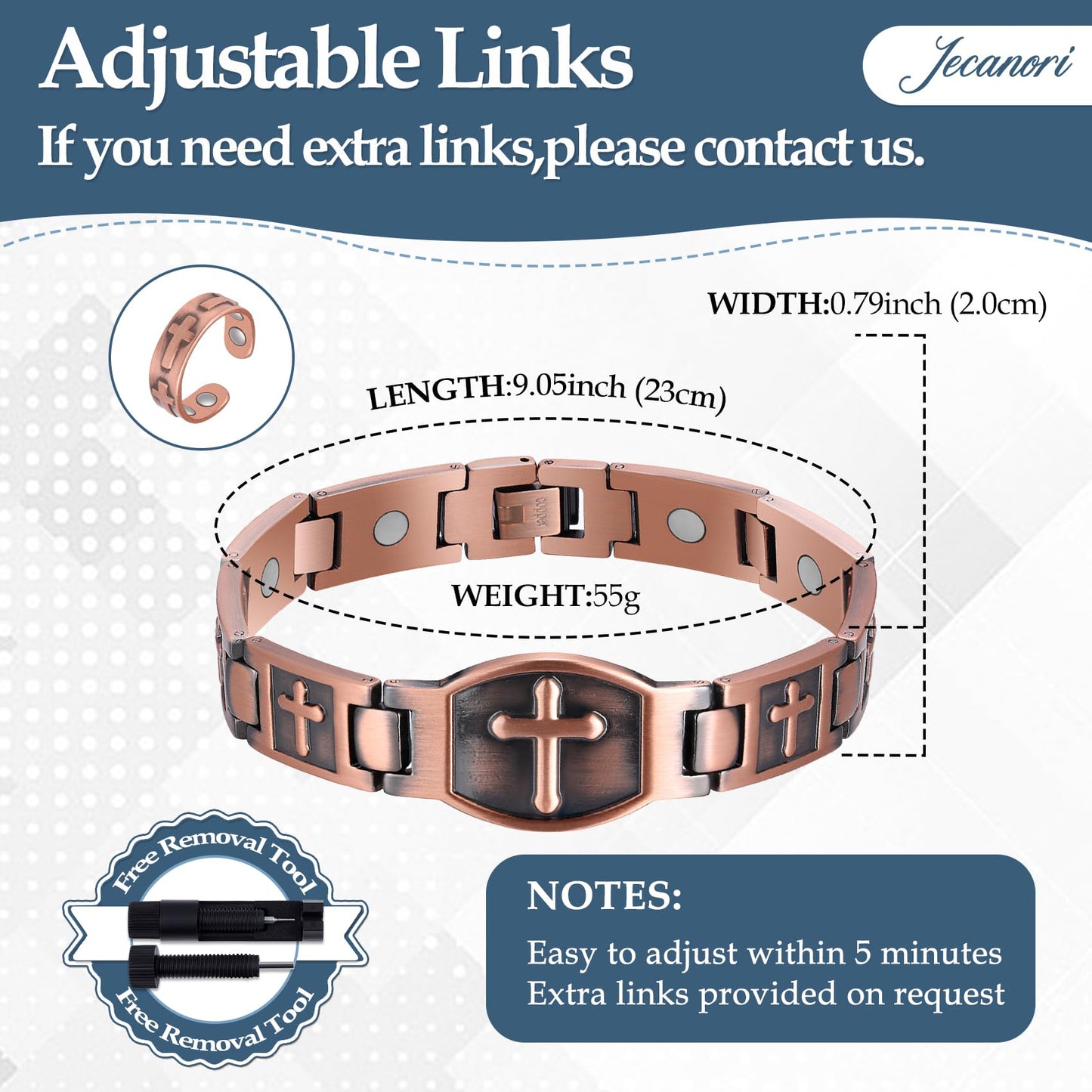 Jecanori Copper Cross Bracelet & Ring for Men, Magnetic Copper Ring, Magnetic Bracelets for Men with Sizing Tool