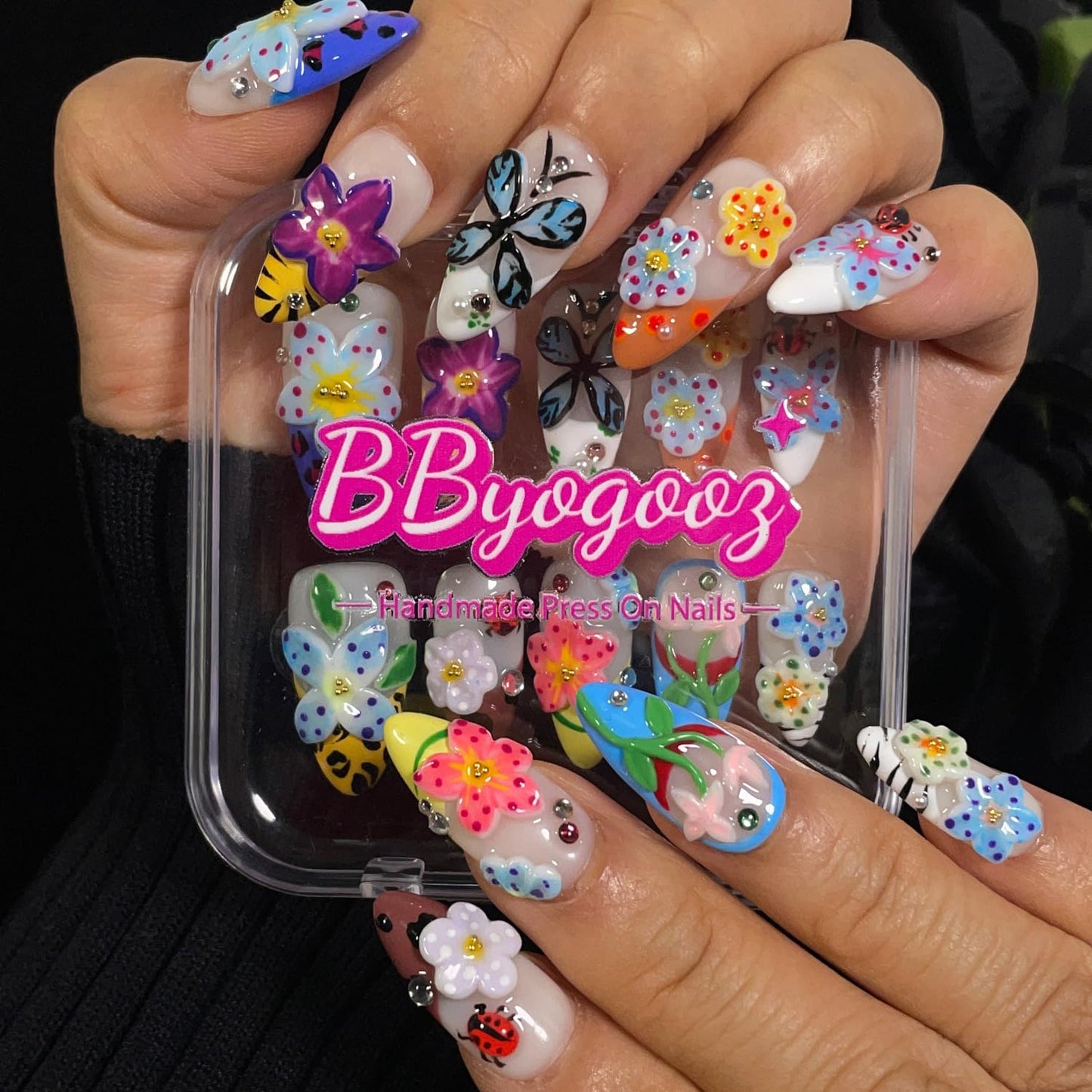Handmade Press On Nails 3D Floral & Butterfly with Red Ladybug Fake Nails Medium Almond Acrylic Nail Tips Luxury Enchanted Garden Stick on False Nails Dreamy Nails (Garden, S)