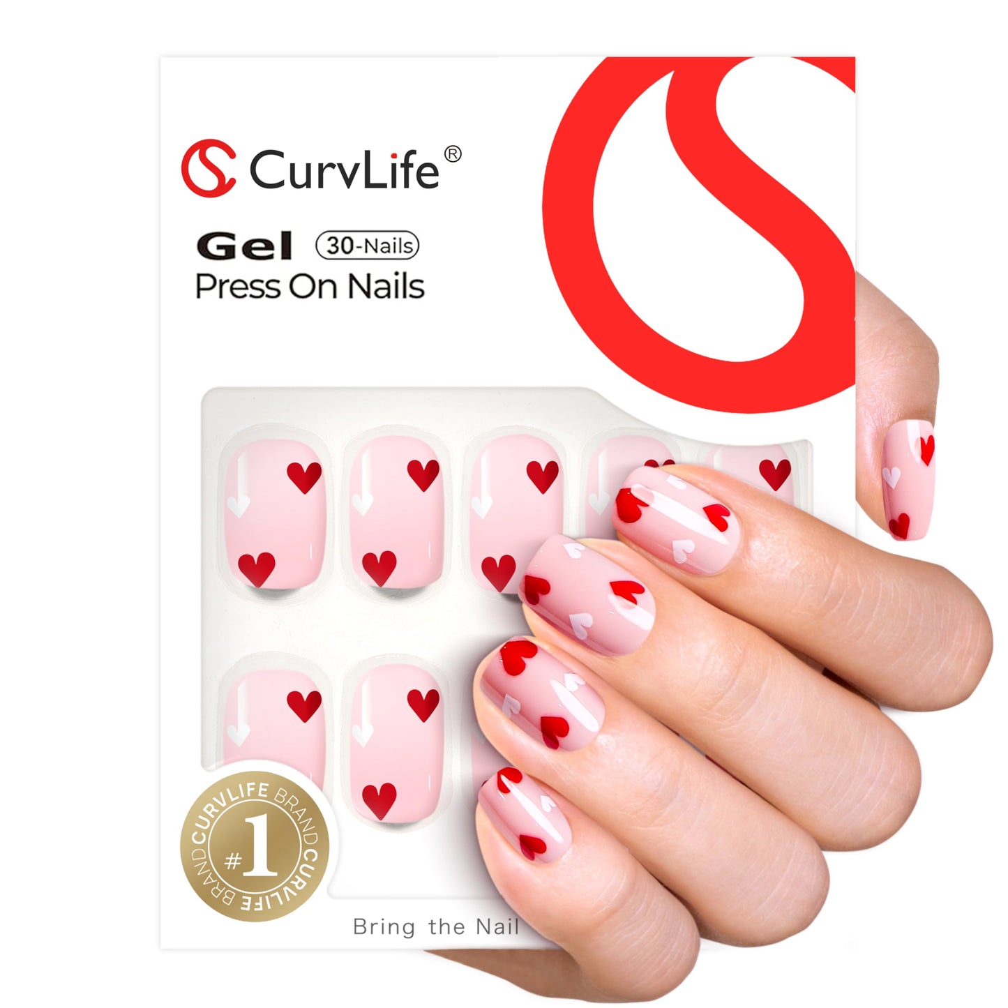 CurvLife Square Press On Nails Medium – 30Pcs Soft Gel Cupid Touch Valentine's Day Fake Nails, Reusable Glue On Nail Kit with Adhesive Tabs, Natural Fit & Salon-Quality for Women & Girls