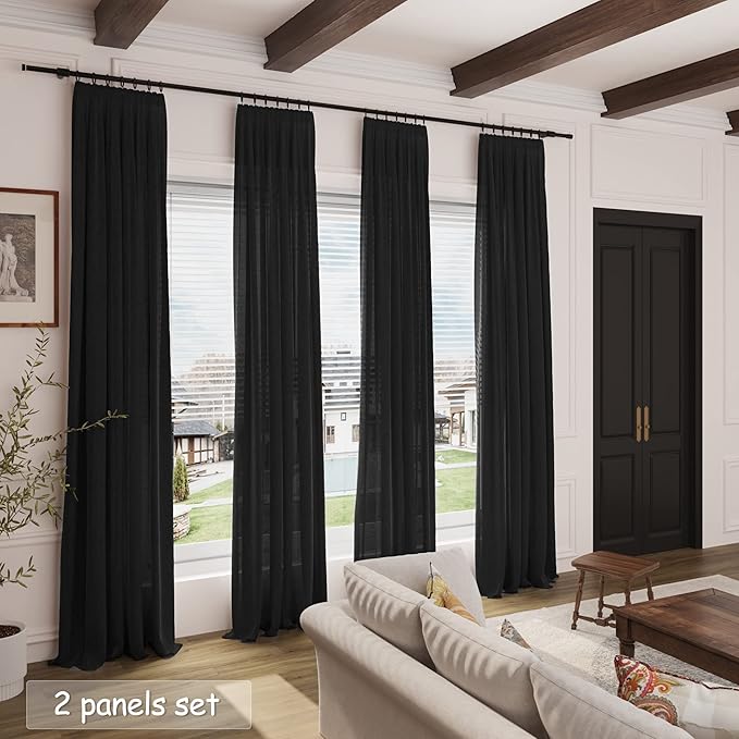 Nanspring Extra Long Black Curtain 102 inches Long 2 Panels Set for Living Room Back Tab Modern Farmhouse Muslin Look Decor Cotton Textured Sheer Linen Curtains 102 inch Length for Large Window