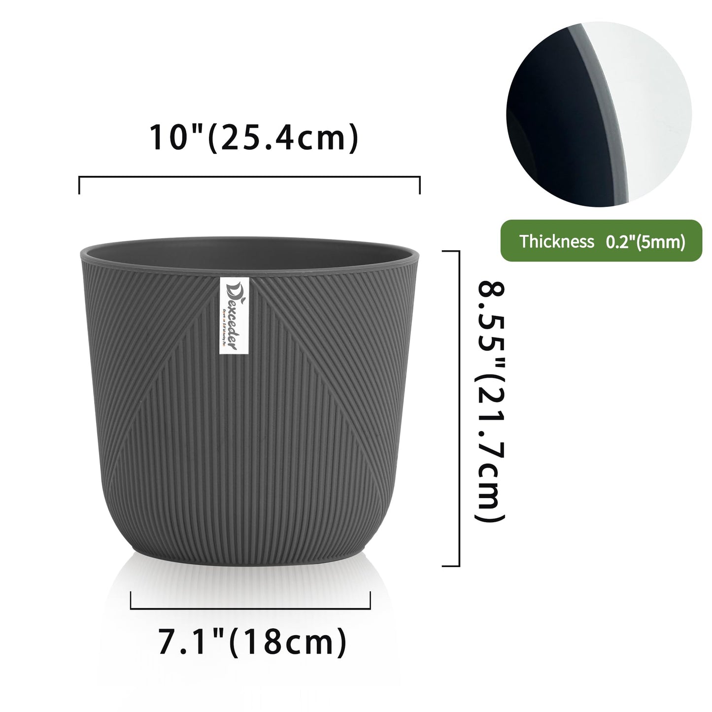 Dexceder 10x9 Striped Table Flower Plant Pot with Drainage Hole & Removable Plug (2 Pack, Deep Gray)