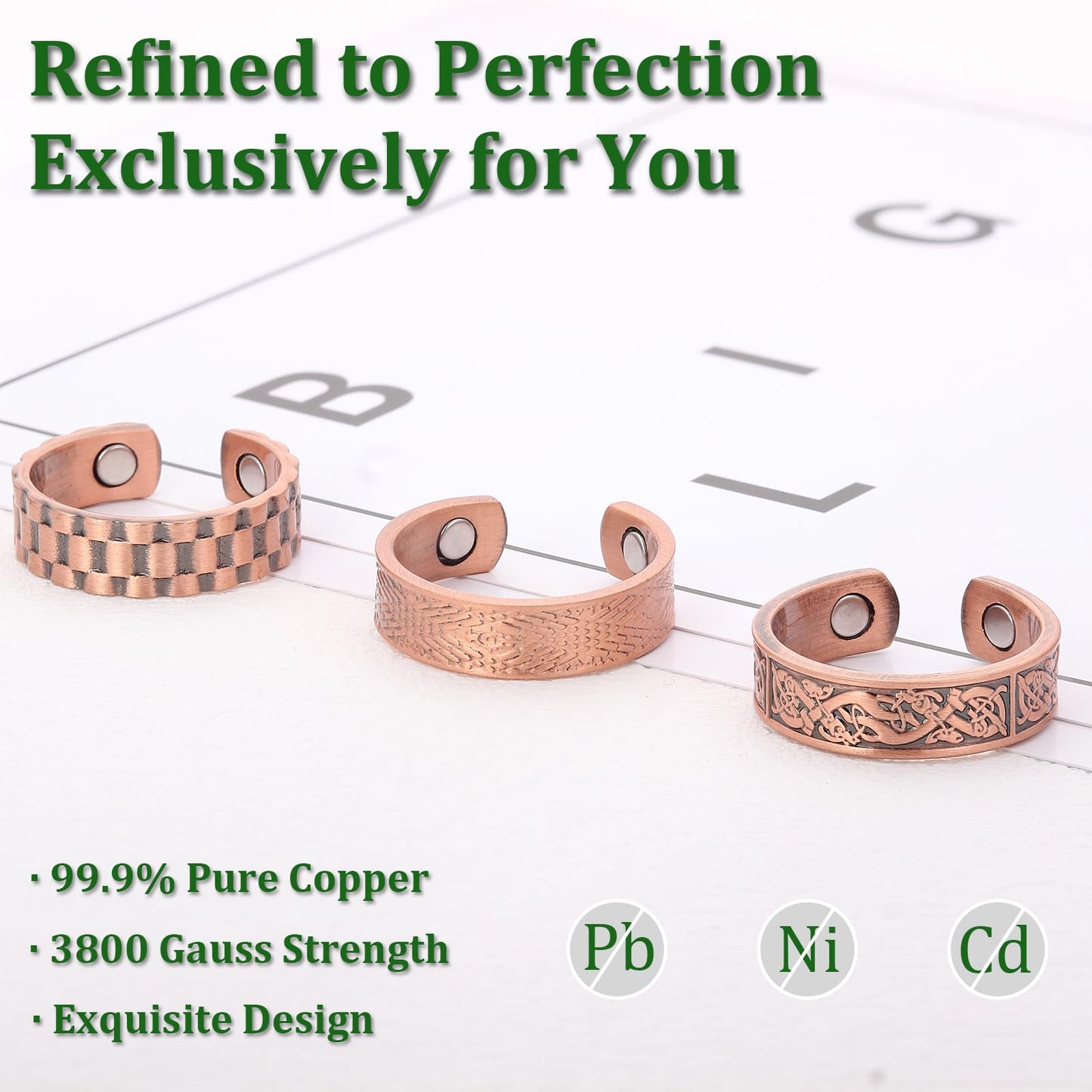 Fashtour 3 Copper Rings for Men, 99.99% Solid Pure Copper, 3pcs 3500 Gauss #9 Rings, Vintage & Cross Pattern Adjustable Cuff Ring