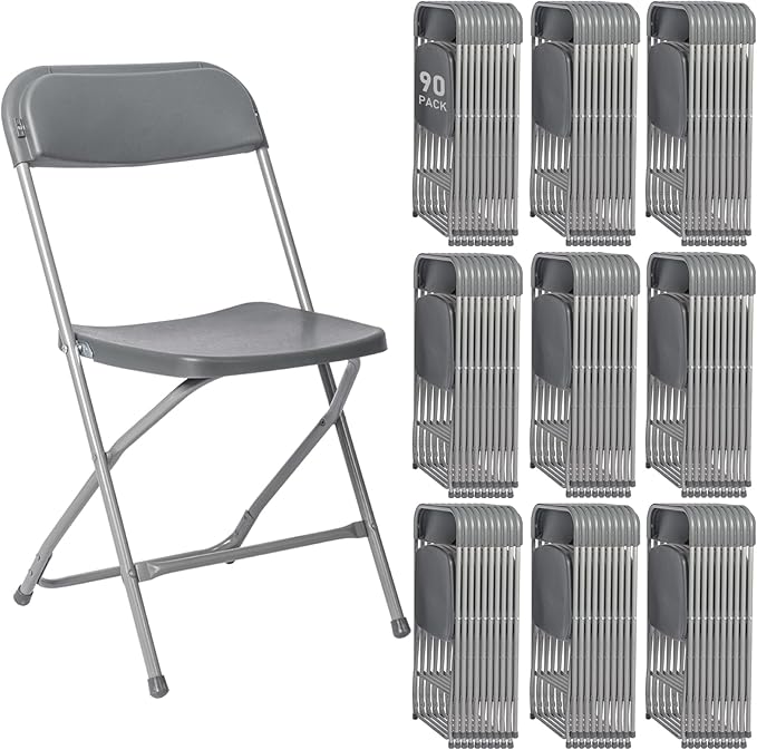90 Pack Plastic Grey Folding Chairs,Portable Party Chairs Stackable Commercial Seats with Steel Frame for Office Home Outdoor Indoor Wedding Party Patio Dinning Events,350lbs Capacity