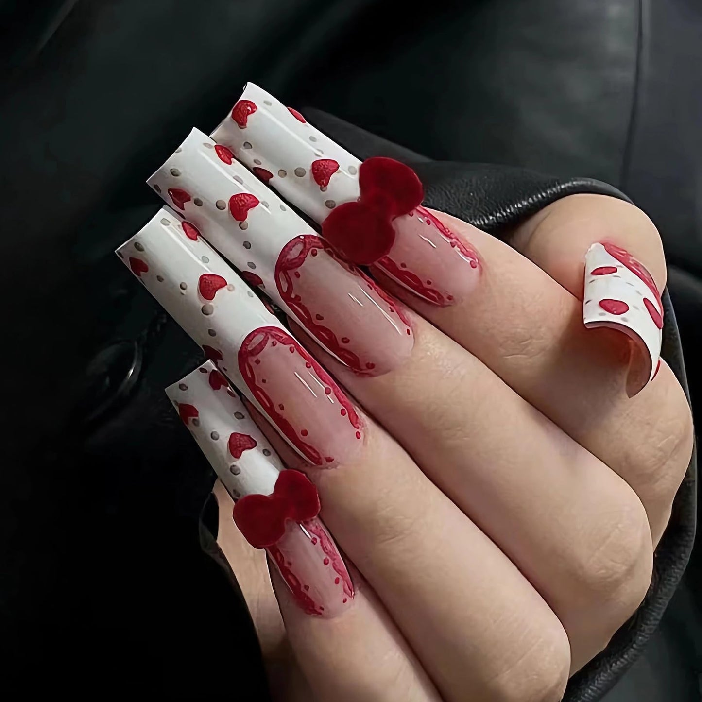 MISUD Press on Nails - Long Square Fake Nails with White French Tip, Acrylic Valentines Heart Design 24 pcs
