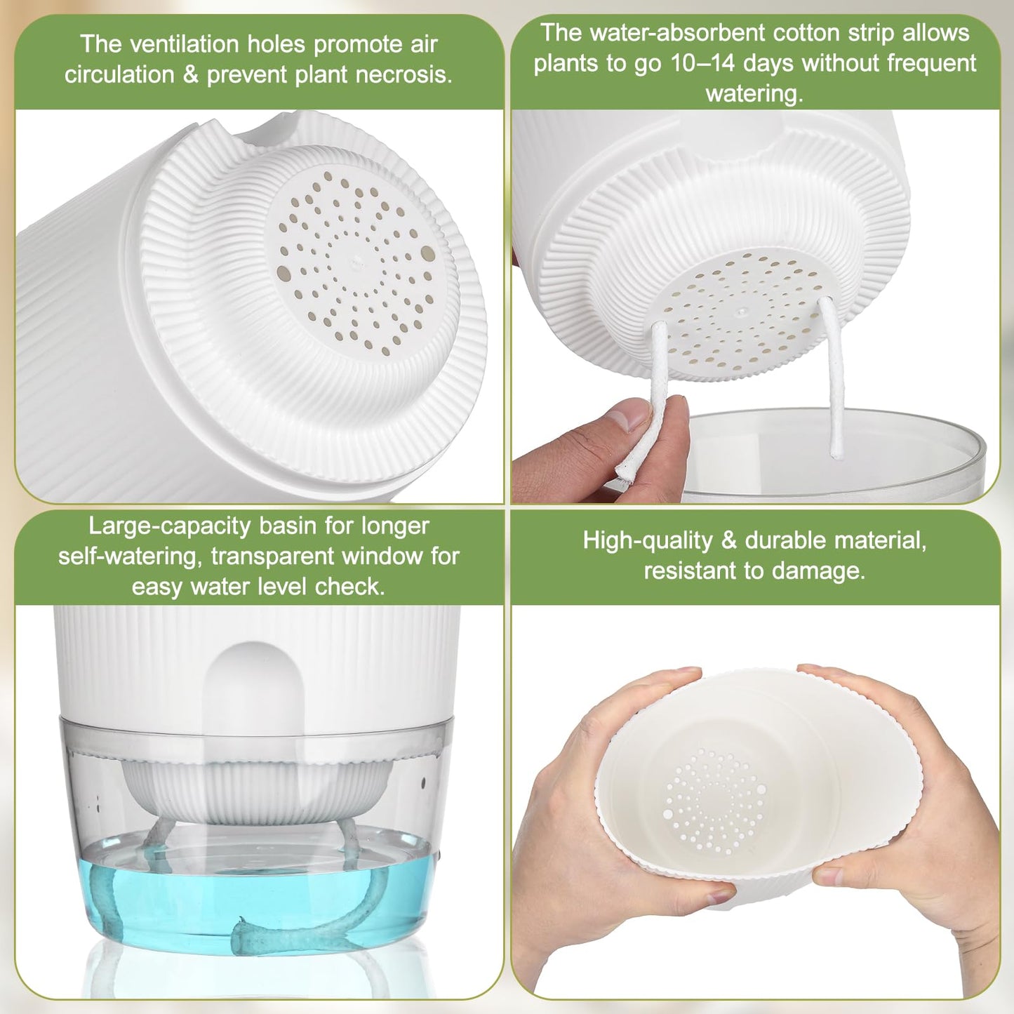 Samhe Plant Pots, 4 Pack 5.7 Inch Self Watering Pots for Indoor Plants, Flower Pots with Deep Reservoir and Drainage Holes - White