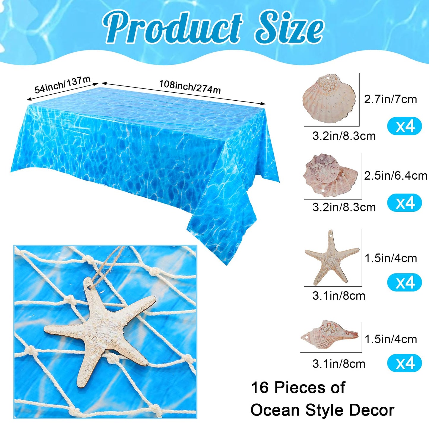 Breling 18 Pcs Fishing Net Decorative and Ocean Waves Tablecloth Set Cotton Fishing Net with Shells Starfish Conch Shells for Nautical Pirate Mermaid Sea Party Wall Decor(Beige)
