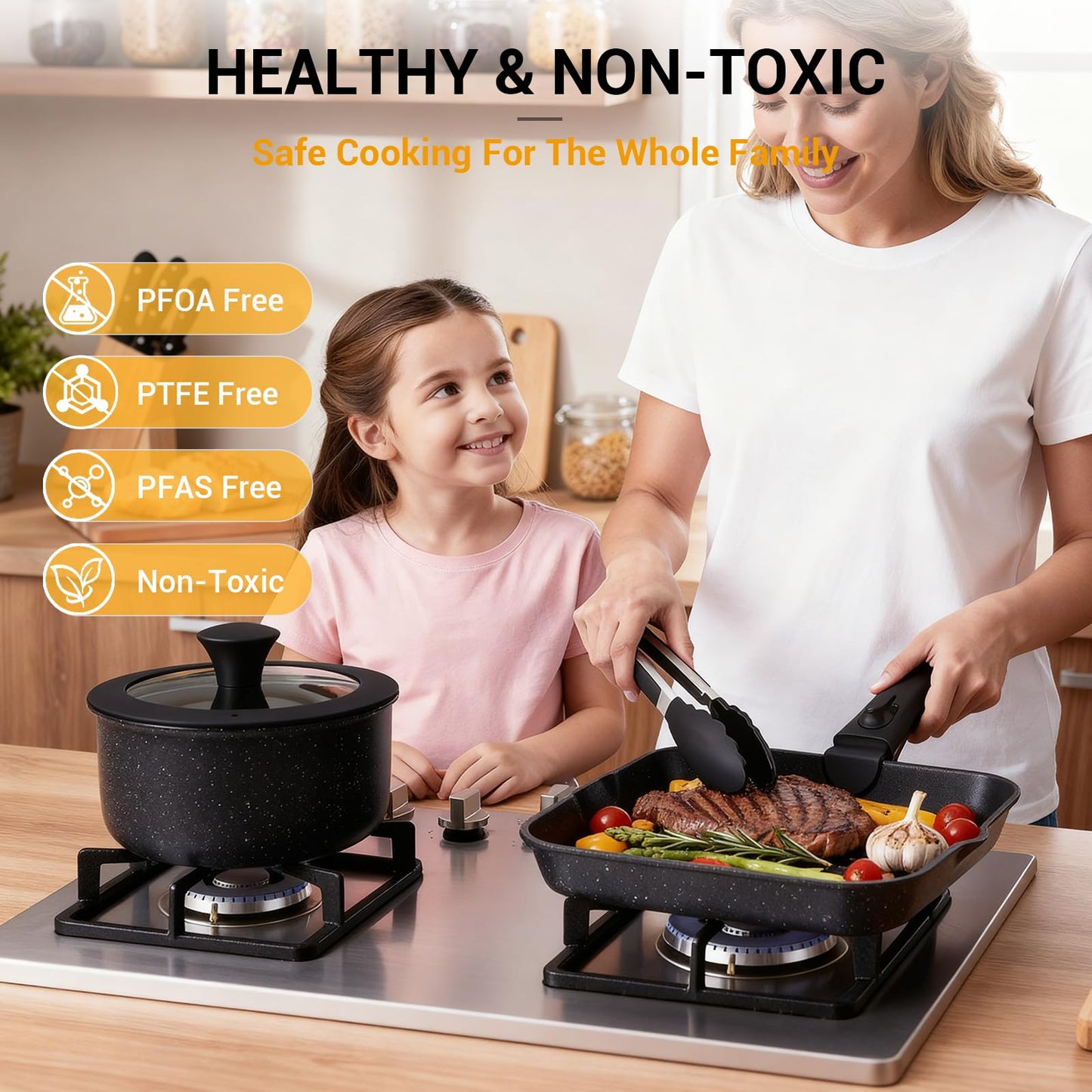 Ammeloo 21 Pcs Pots and Pans Set Non Stick with Detachable Handle & Grill Pan, Induction Ceramic Cookware Set, Non Toxic Kitchen Pots and Pans Set for RVs,Camping, Oven/Dishwasher Safe, Black