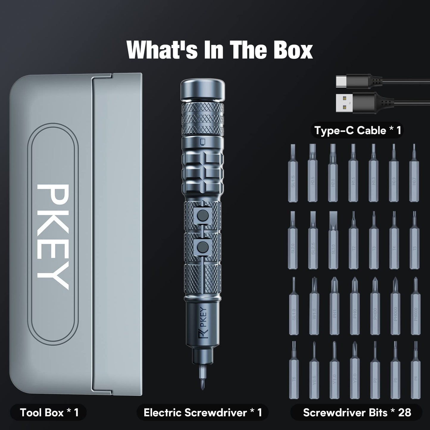 PKEY Cordless Electric Screwdriver Set, Mini Electric Screwdriver, 28 Magnetic Bits, 3 Gears Torque, Two batteries，Rechargeable Portable Repair Tool Kit for Electronics Laptops Clocks Glasses Camera