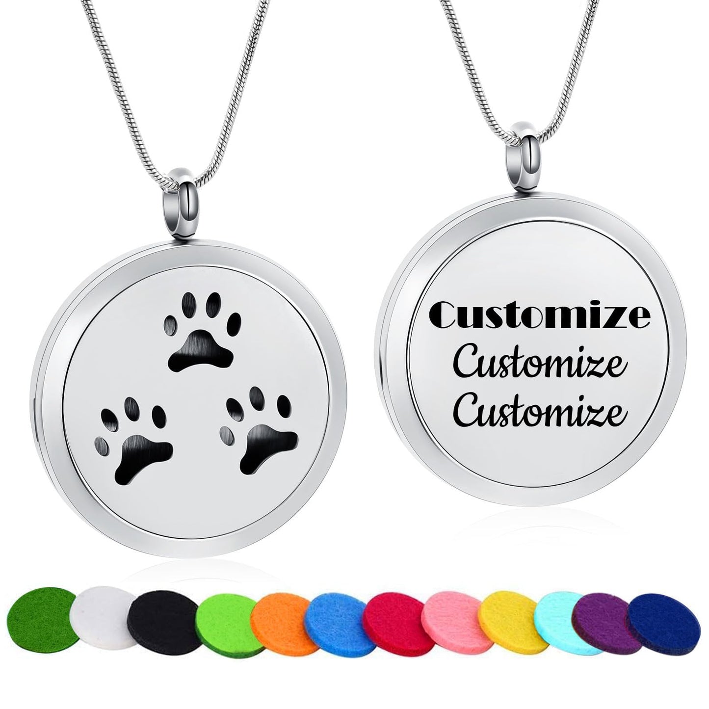 Minicremation Stainless Steel Paw Print Round Perfume Essential Oil Diffuser Pendant Necklace Women Aromatherapy Essential Oil Diffuser Locket Pendant Necklace, with Refill Pads
