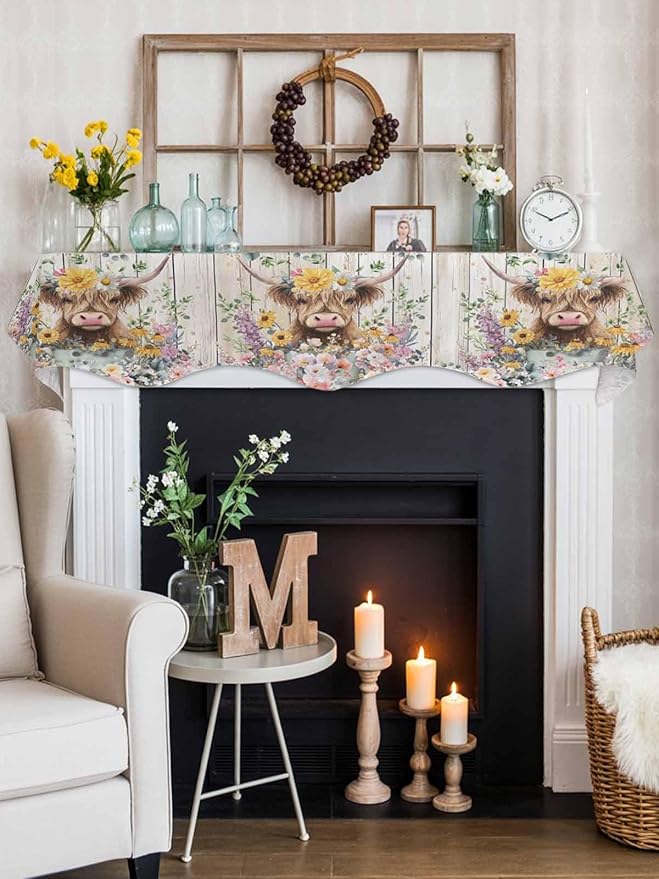 Spring Cow Floral Fireplace Mantel Scarf Table Runner, Green Eucalyptus Leaves Grey Wooden Winter Garland Mantel Top Tablerunners Dresser Scarves Cover for Windows Party Living Room 90''x17''