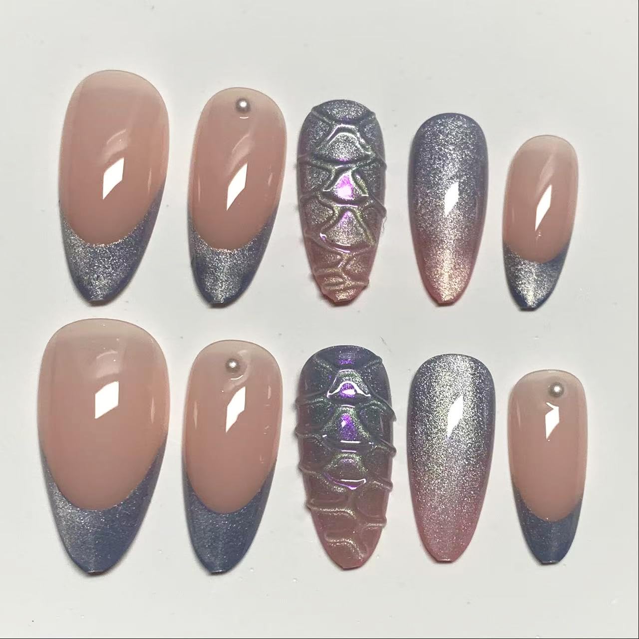 BABALAL Press On Nails, Medium Almond Fake Nails, Pink Blue Mermaid Shell Design Cat Eye, 3d Handmade Bling Acrylic, Glossy Full Cover Glue On Nails 24Pcs