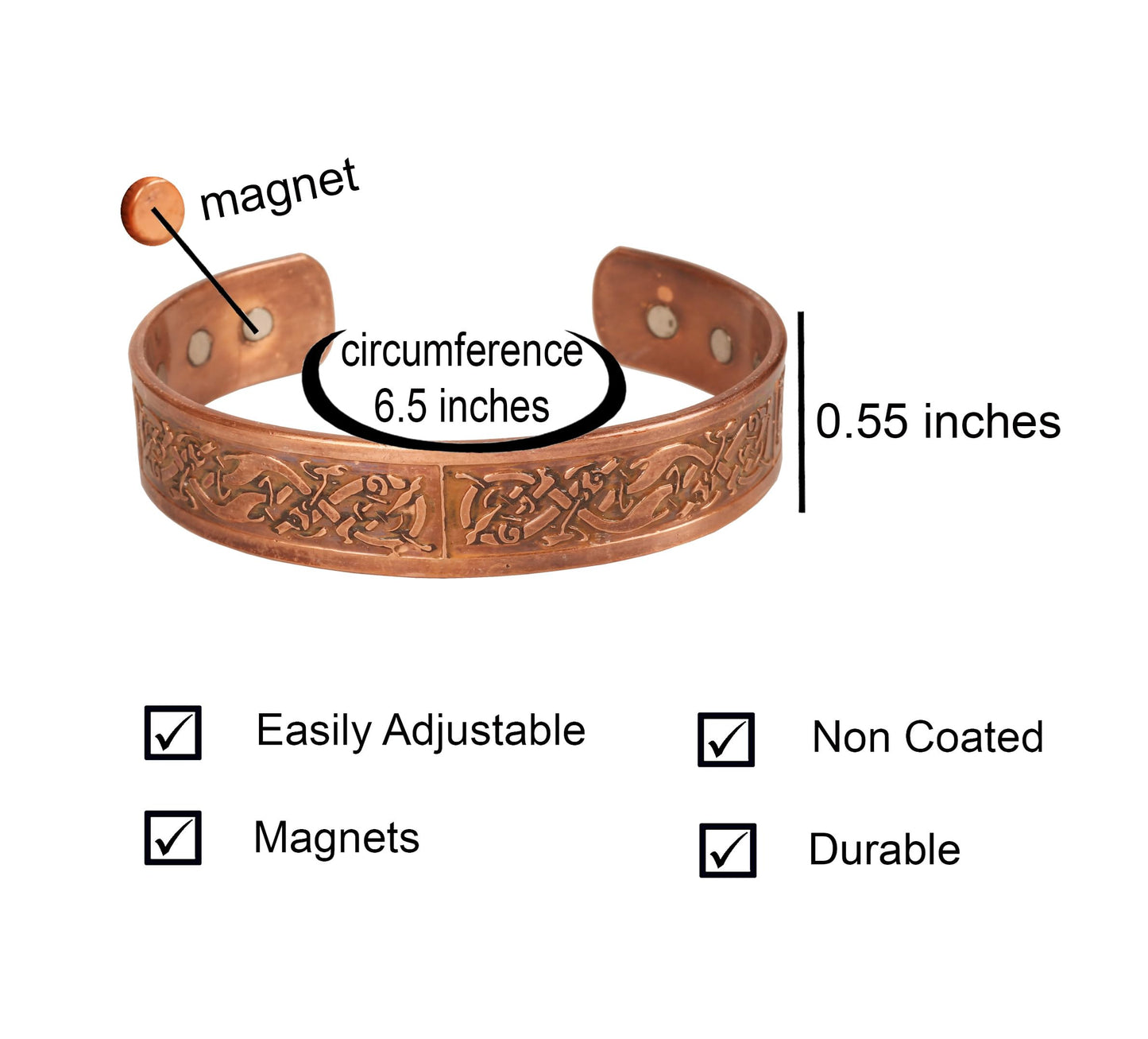 Touchstone handcrafted magnetic copper bracelet. Hand forged with solid and high gauge Tibetan style engraved cuff pure copper jewelry for women men. Exclusive Celtic Design.