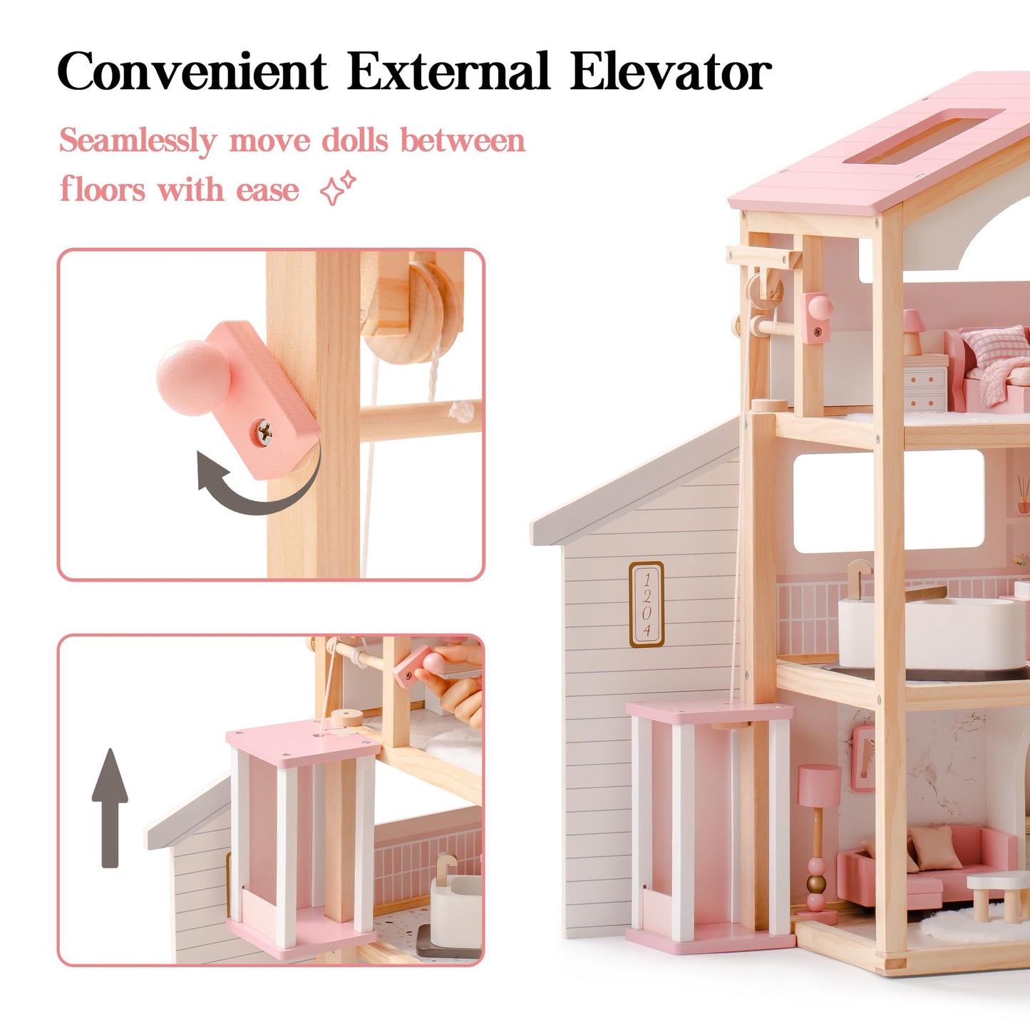 ROBUD Doll House, Wooden Dollhouse with 6 Rooms, 29-pcs Furniture Set, Working Elevator, Garage, Swimming Pool, Ideal Gift for Kids Ages 3+ (Pink)