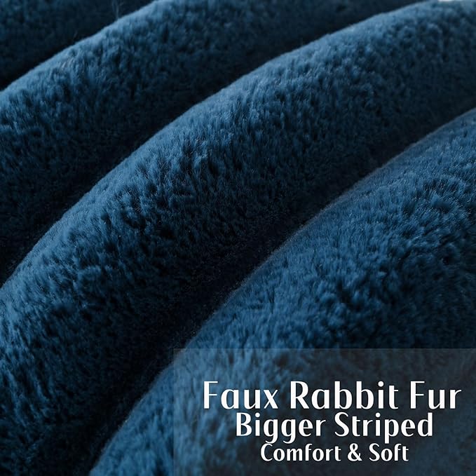 FUTEI Navy Blue Decorative Throw Pillow Covers 12x20 Inch Set of 2, Square Soft Faux Rabbit Fur Thick Striped Lumbar Pillow Case,Winter Home Decor for Couch Bed Living Room