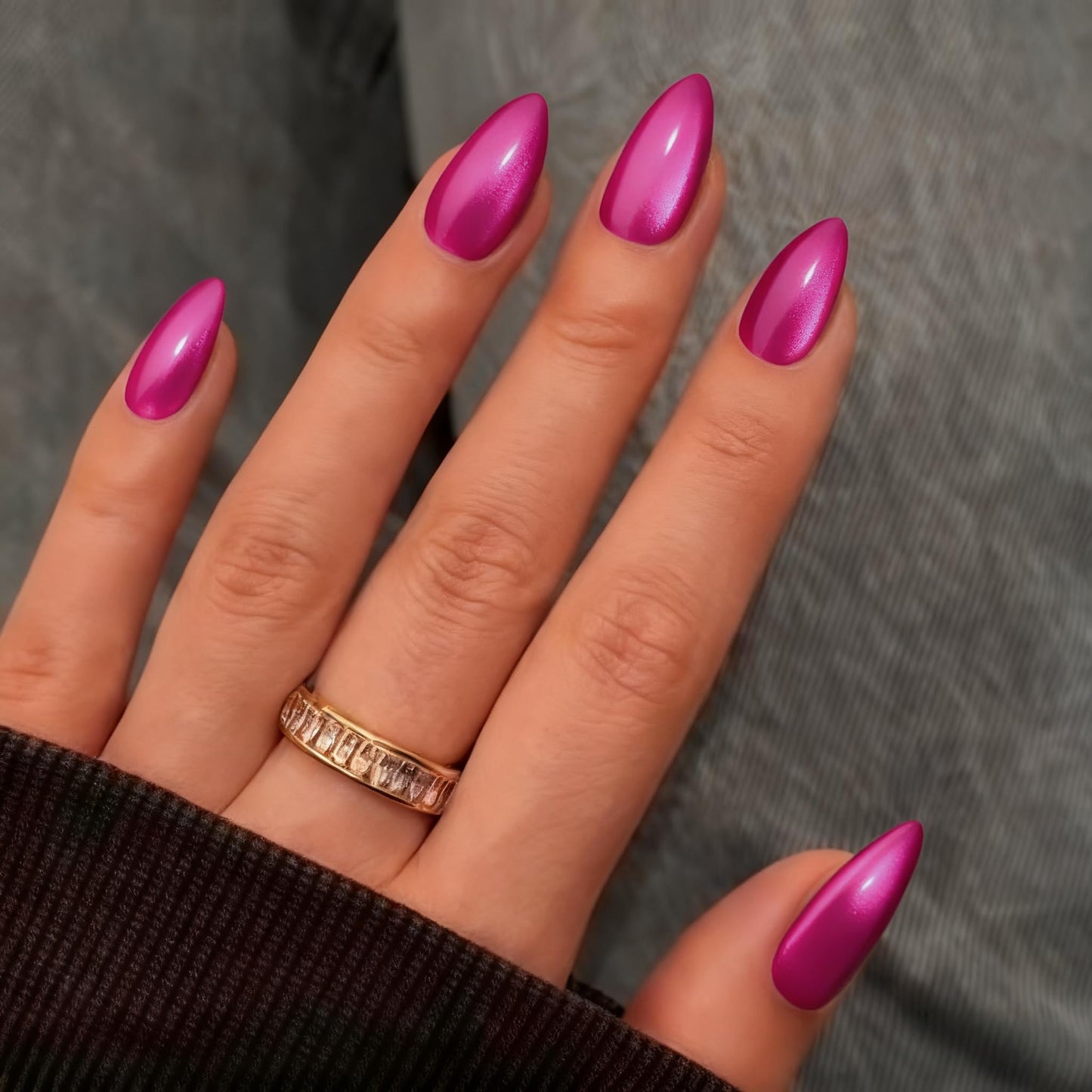 SXVME Hot Pink Cat Eye Press On Nails Almond Shaped - Bling Medium Stiletto Fake Nails, Natural Shimmer Glue on Nails, Opaque Glitter False Nails for Women Summer, 30 Pcs
